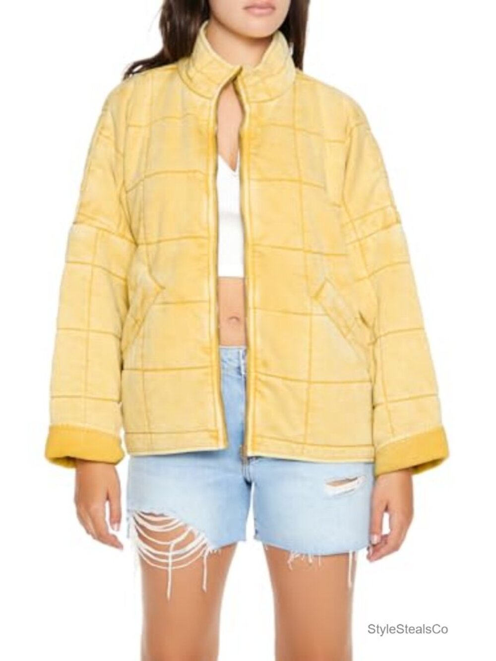 Women's Quilted Zip-Up Jacket with Funnel Neck and Slanted Pockets